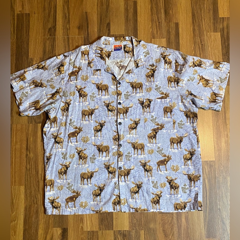 D’em Crazy Moose With Map All Over Print 100% Cotton Short Sleeve Shirt Men’s 2X